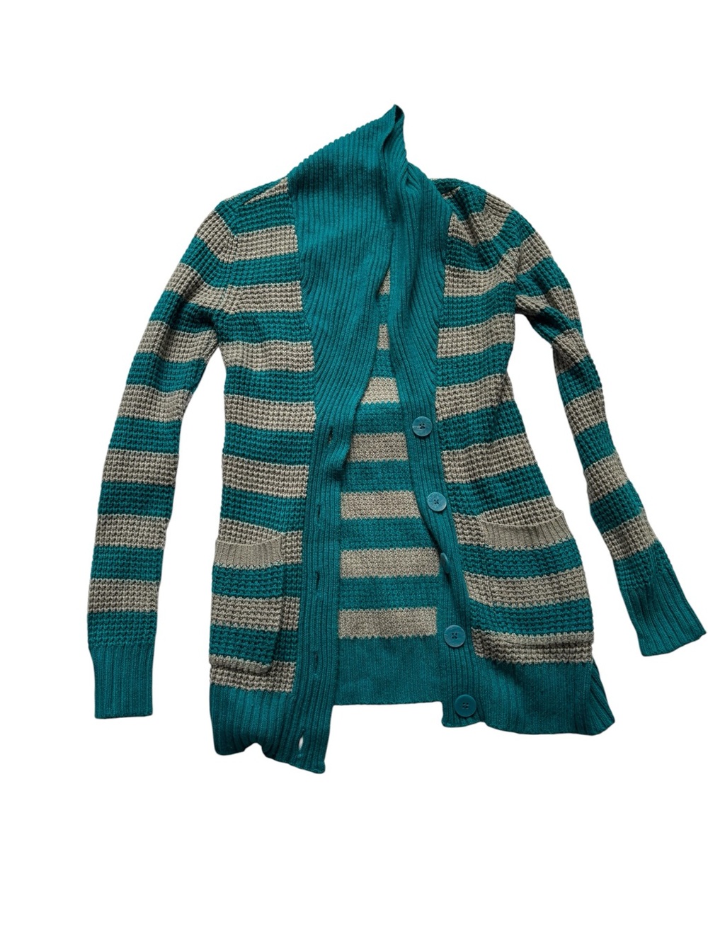 Kirra Teal and Gray Striped Button-Front Knit Cardigan
